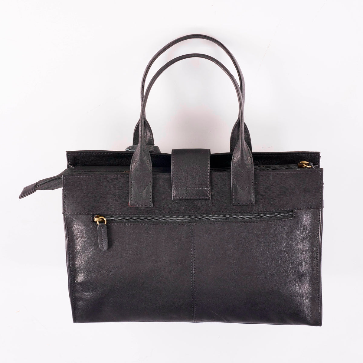 Structured leather tote bag side view