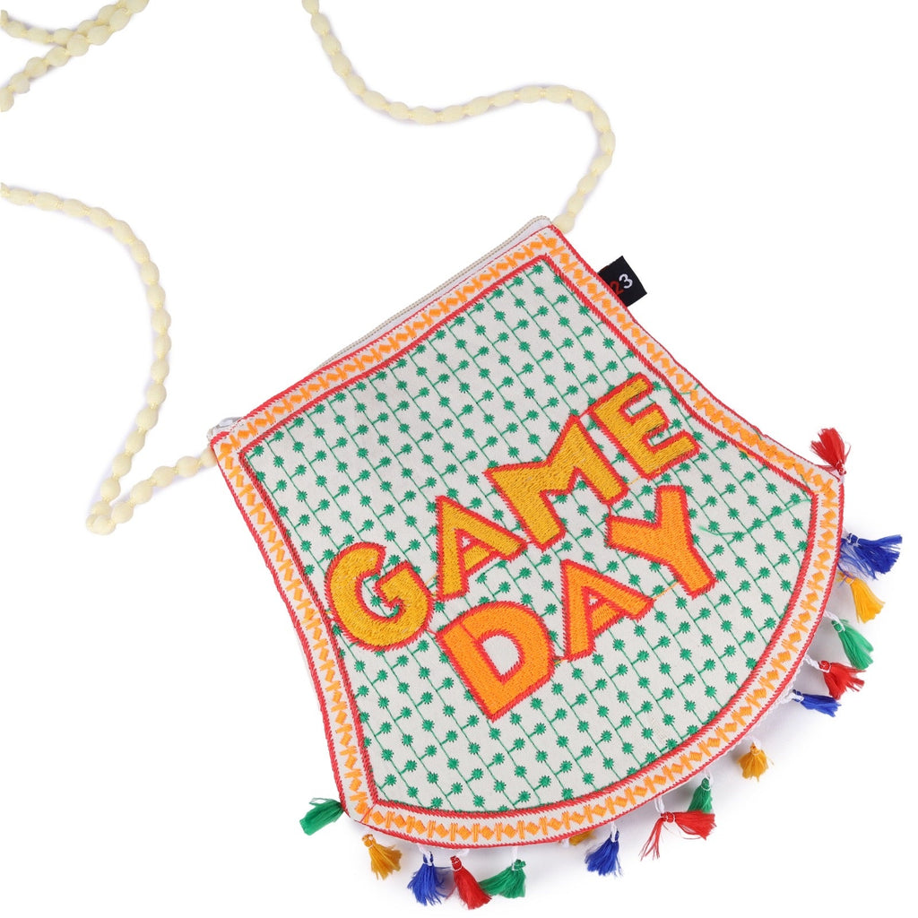 Moon23 Game Day handcrafted embroidered crossbody bag with multicolour tassels and beaded strap