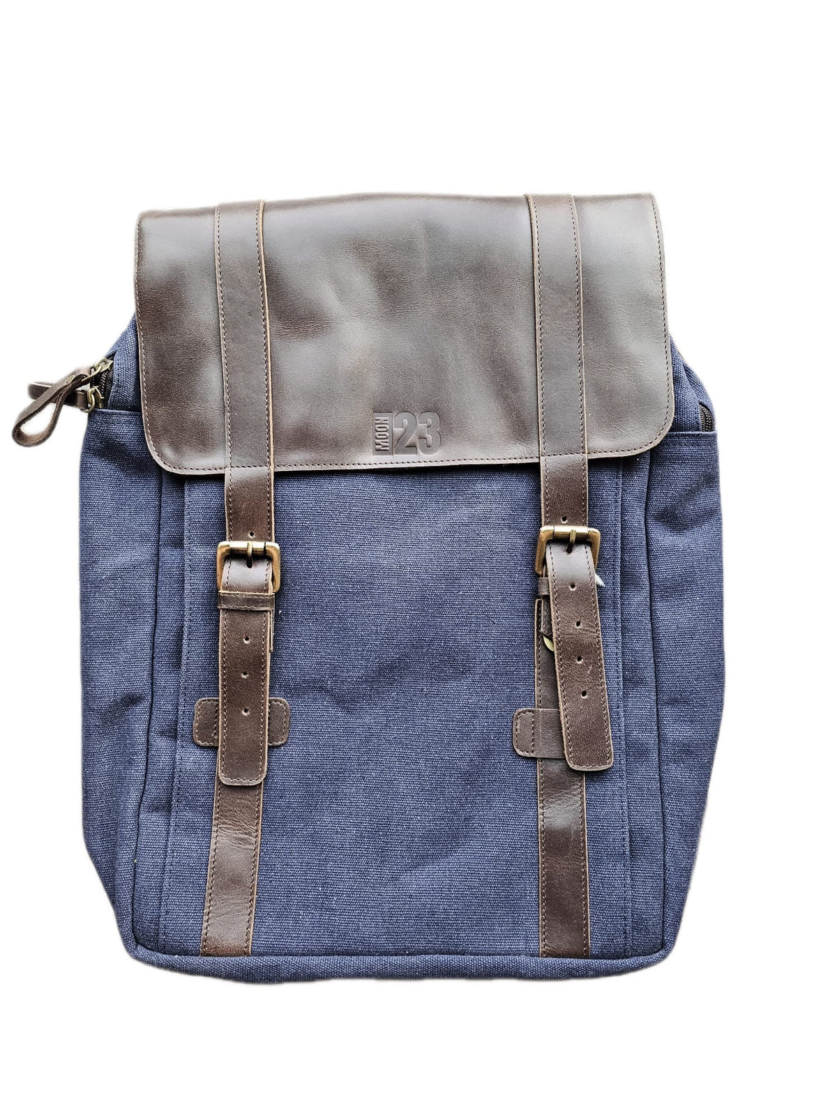 Moon23 Canvas and Leather Backpack in slate blue with brown leather flap and brass buckles