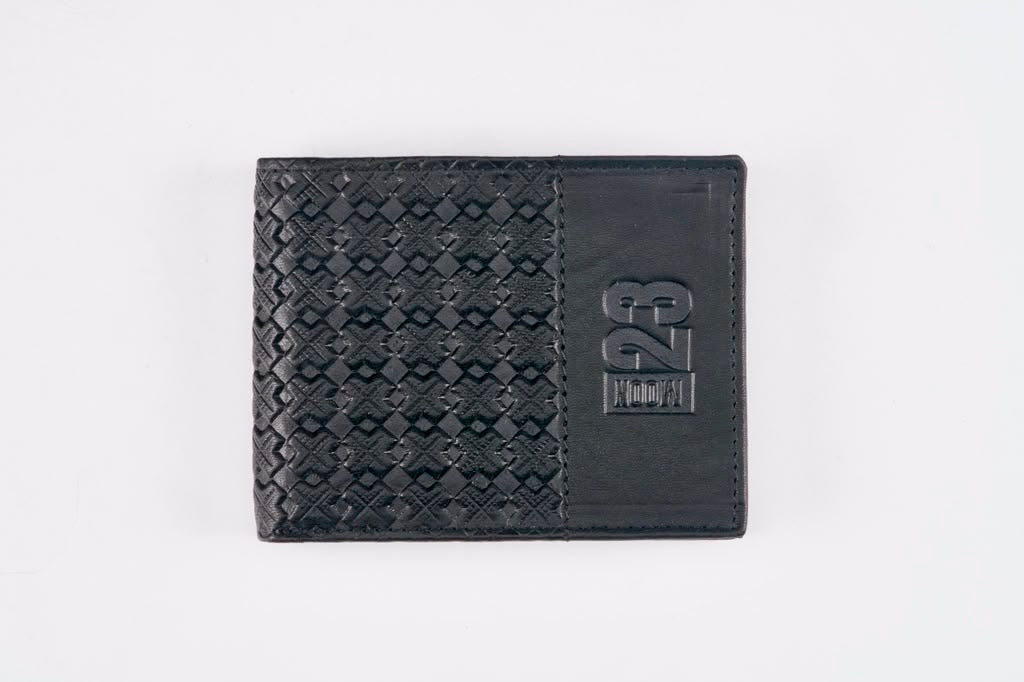 Moon23 black cross weave leather wallet flat front view