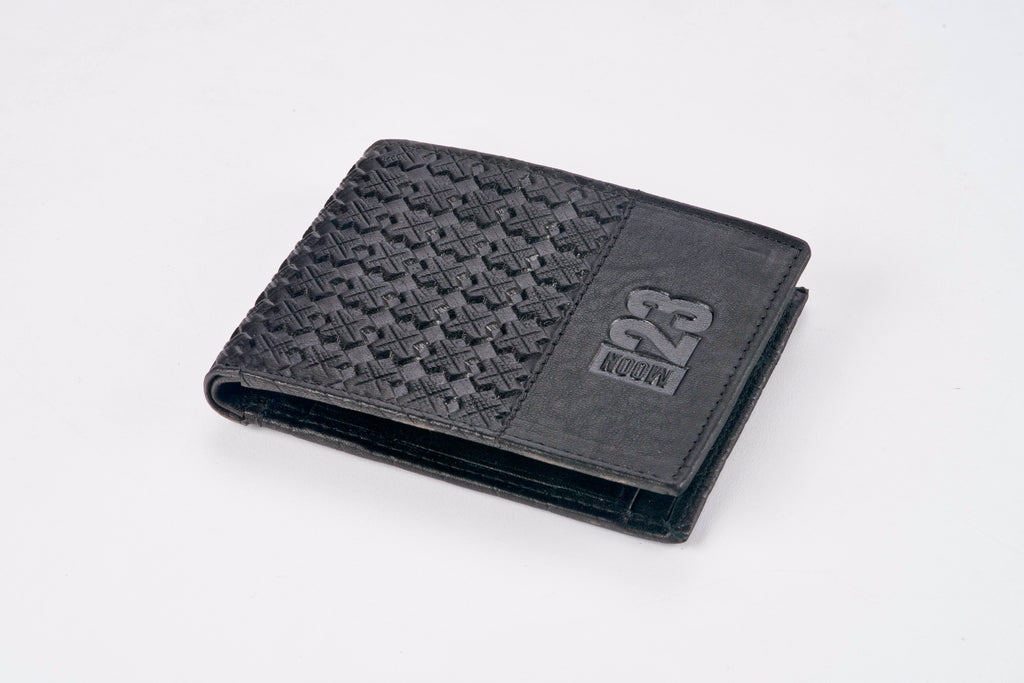Moon23 black cross weave leather wallet angled side view