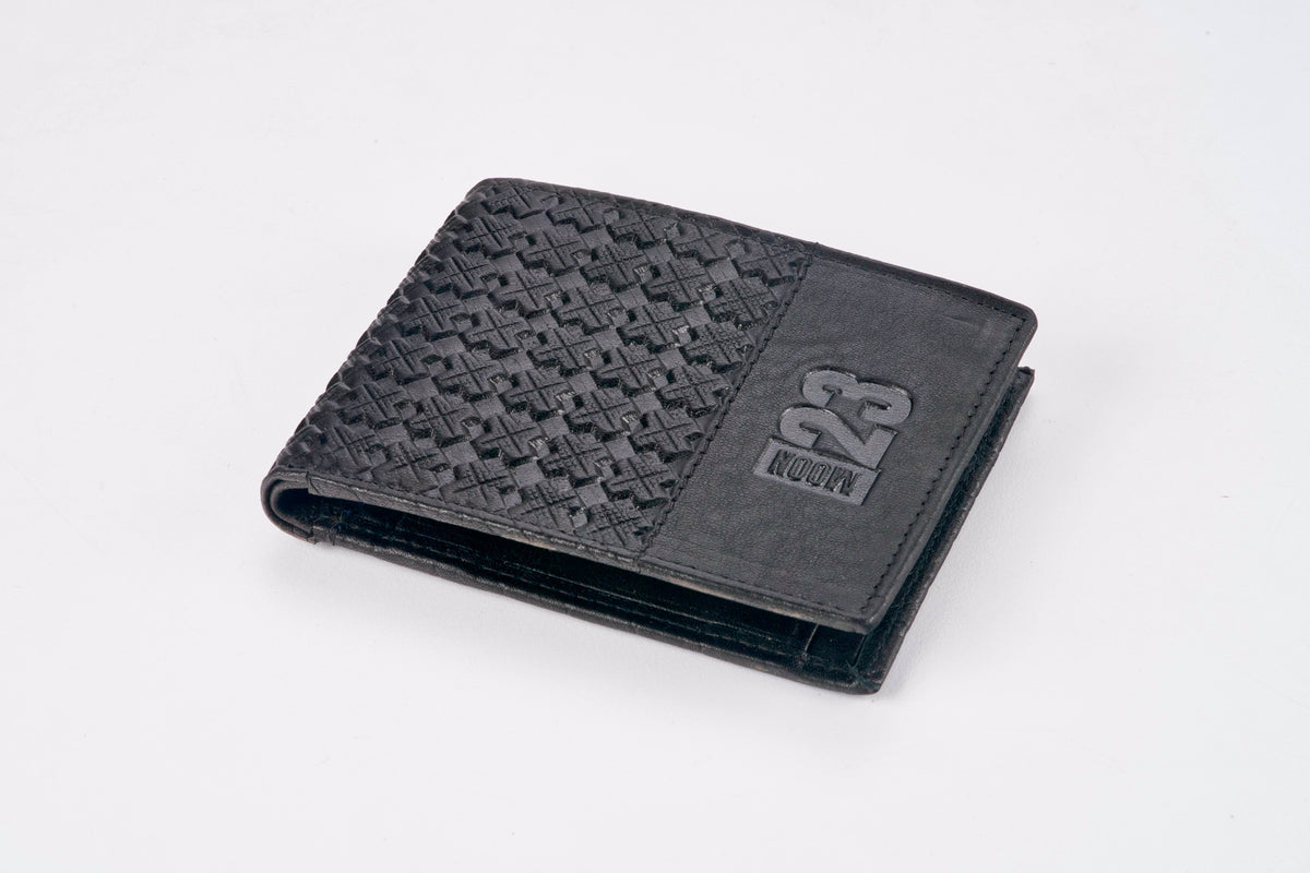 Moon23 black cross weave leather wallet angled side view