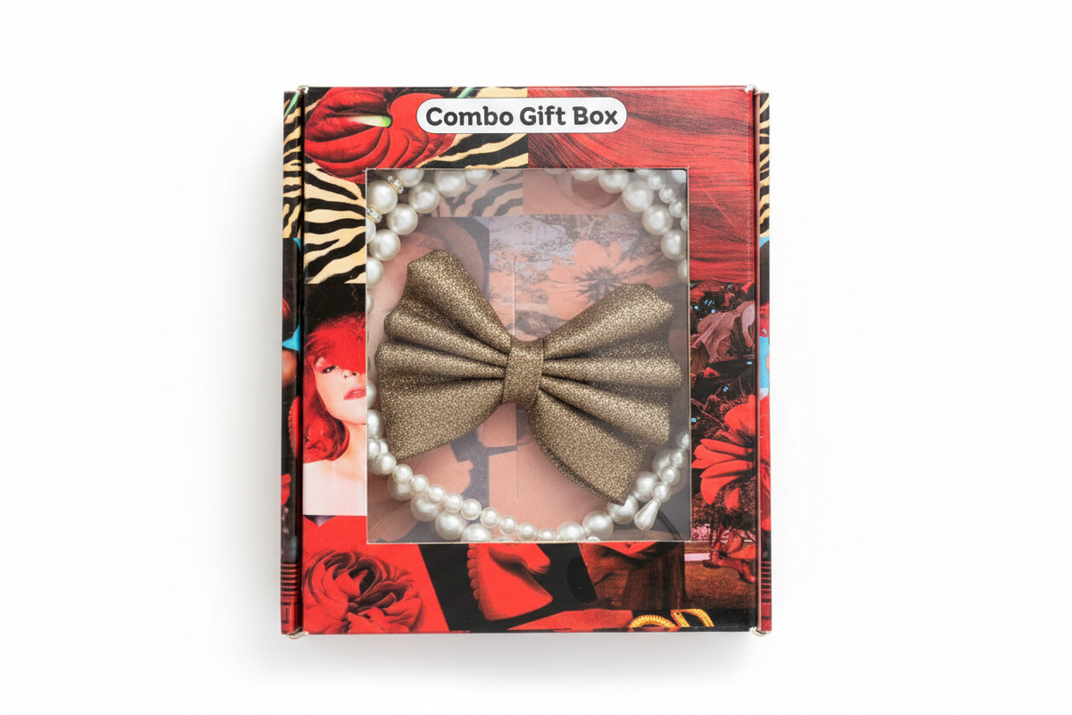 Gold glitter hair bow and pearl bracelet combo gift box on white background