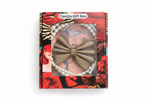 Gold glitter hair bow and pearl bracelet combo gift box on white background