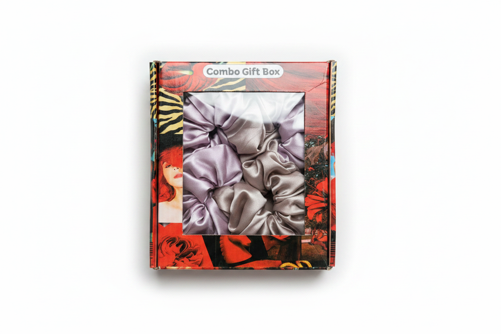 Lavender and grey satin and chiffon scrunchie combo gift box on white background