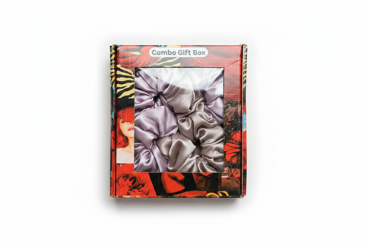 Lavender and grey satin and chiffon scrunchie combo gift box on white background