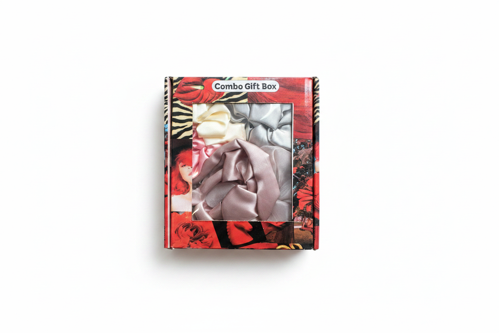 Mixed pastel satin and chiffon scrunchie combo gift box on white background