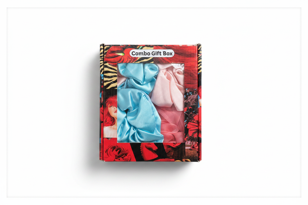 Blue and pink satin and chiffon scrunchie combo gift box on white background