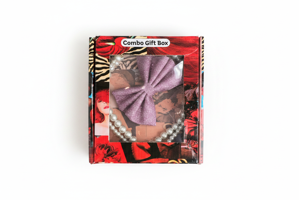 Purple glitter hair bow and pearl bracelet combo gift box on white background